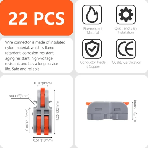 Miniatura 5 de 20 piezas de conectores de alambre de palanca, 1 entrada 2 salidas, conectores de empalme compactos DIY, bloque de terminales acoplable, conectores