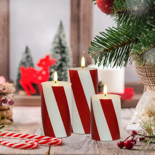 Miniatura 5 de Velas parpadeantes de Navidad sin llama con rayas rojas con purpurina, pilar de cera real, velas eléctricas LED con temporizador remoto para Rayas
