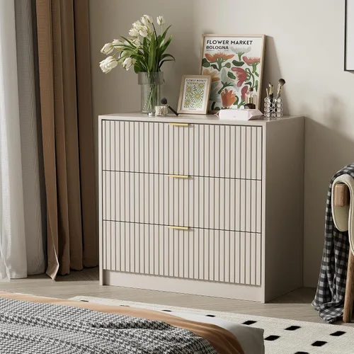 Miniatura 5 de Furniway - Cómoda color beige para habitación, moderna, 3 cajones y deslizadores suaves, cómoda ancha con jaladeras doradas para sala o armario