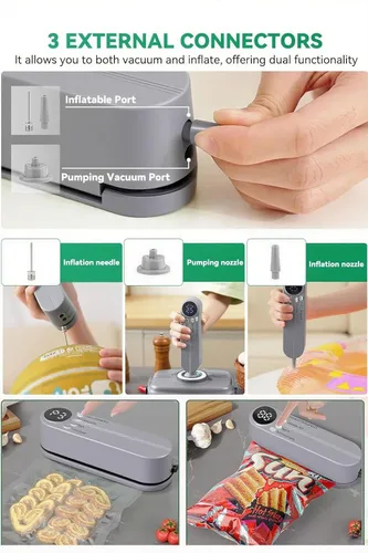 Miniatura 4 de Mini sellador al vacío, 3 en 1, sellador al vacío de mano inalámbrico para almacenamiento de alimentos secos/húmedos con 4 bolsas de aperitivos, Gris