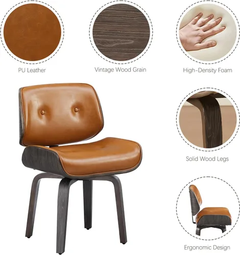 Miniatura 6 de Zouron Silla de comedor giratoria, silla de comedor tapizada de piel sintética con patas de madera, silla auxiliar moderna de mediados de siglo