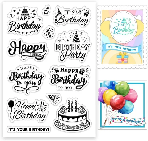 INFUNLY Sellos transparentes de palabras de feliz cumpleaños, 6.3 x 4.3 pulgadas, con palabras sentimentales, sellos transparentes con pastel de