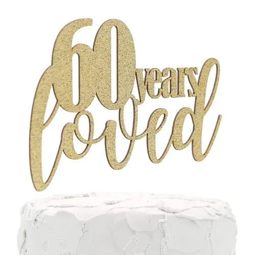 Decoración para pastel de cumpleaños 60/aniversario, 60 años amados, purpurina dorada de doble cara, calidad premium, fabricado en Estados Unidos