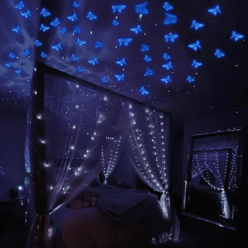 Miniatura 5 de SAOROPEB - Calcomanía 3D de mariposa que brilla en la oscuridad, 24 unidades, 3 tamaños, para decorar techo o pared, suministros de fiesta