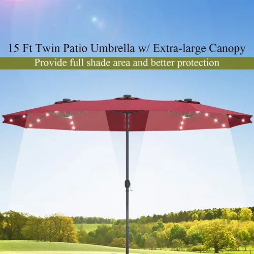 Miniatura 7 de Tangkula Sombrilla solar de patio de 15 pies con base, sombrilla individual extragrande de doble cara para exteriores con 36 luces LED y mango