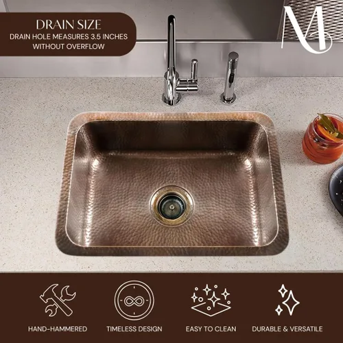 Miniatura 6 de Monarch Abode Fregadero de cocina y bar – Fregadero Milan de doble montaje desplegable de 21 pulgadas, fregaderos de cobre puro martillado a mano