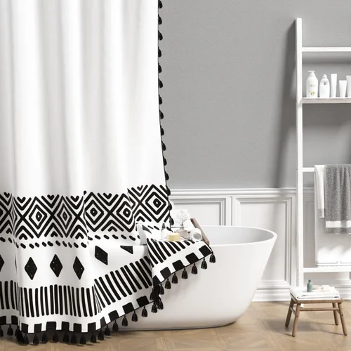 Miniatura 7 de AOFOTO Cortina de Ducha Boho con Patrón Geométrico de Rayas Negras Cortinas de Ducha para Baño con Borlas Cortina de Ducha Bohemia Decoración