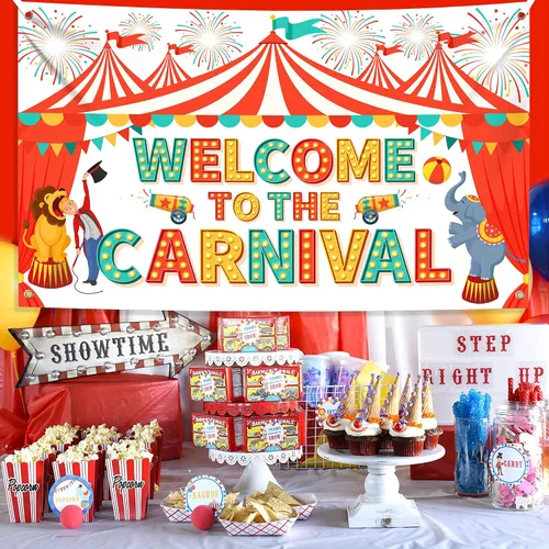 Miniatura 6 de Cartel de bienvenida al carnaval extragrande con globo de carnaval - 72 x 44 pulgadas Decoraciones de carnaval, decoraciones de fiesta temática