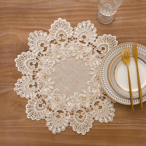 Miniatura 3 de Manteles europeos de encaje jacquard antiguo, pequeño, de lino bordado de granja, bufanda, mantel rústico (forma de flor, diámetro de 15.7 pulgadas)