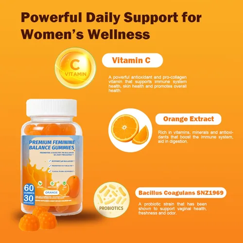 Miniatura 4 de DEWANG Gomitas de equilibrio femenino, equilibrio diario del pH y apoyo a la salud vaginal, probióticos para mujeres, olor y confianza, sabor a