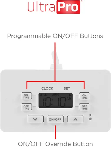 Miniatura 4 de UltraPro Temporizador digital de enchufe de barra 24 horas, 2 polarizados, 2 ciclos programables, correa de anulación de 5 pies, blanco, 1 paquete