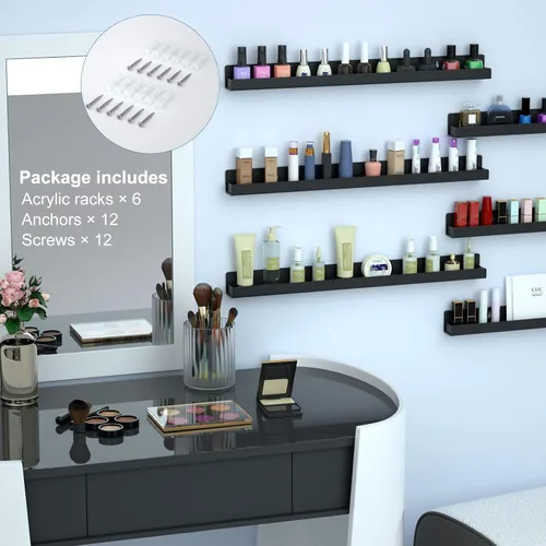 Miniatura 6 de FEMELI Estante de pared para esmalte de uñas: 6 estantes de 15 pulgadas, organizador de esmalte de uñas acrílico para 66-90 botellas, estantes Negro