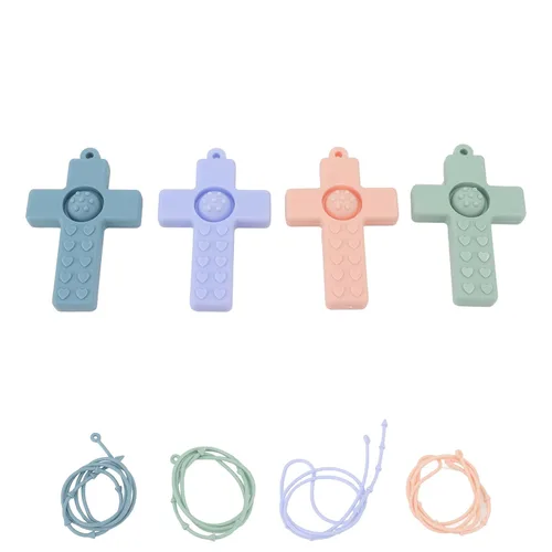 4 juguetes de dentición para bebés, mordedores en forma de cruz con cordón de silicona, coloridos juguetes masticables para bebés recién nacidos