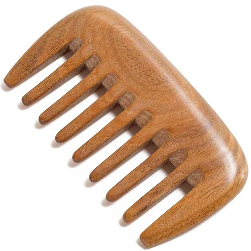 Peine de madera, peine de madera de dientes anchos para mujeres, masaje y distribución de aceites para el cuero cabelludo, sándalo verde | No