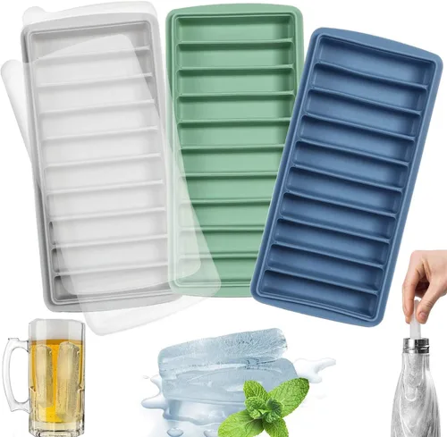 LessMo 3 bandejas para cubitos de hielo, bandeja larga para palitos de hielo de silicona con tapa, palo estrecho rectangular, reutilizable,