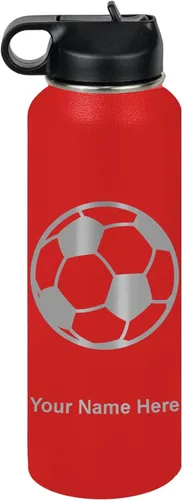 Miniatura 10 de LaserGram Botella de agua personalizada, pelota de fútbol, acero inoxidable de doble pared aislada al vacío con popote superior, regalo grabado
