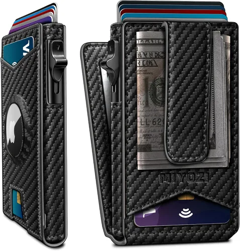 Miniatura 17 de miyozi Airtag - Cartera para hombre con clip para dinero, 9 tarjetas, con ventana de identificación, bloqueo RFID, funda de metal, cierre magnético