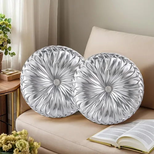 Miniatura 7 de HIG - Juego de 2 almohadas decorativas redondas plisadas, almohadas de calabaza de acento elegantes con botón central, almohadas de suelo