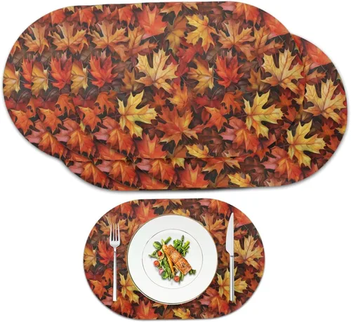 Miniatura 23 de Non Slip Placemats Set of 6 Pumpkin Mushroom Theme Waterproof Wipeable Faux Leather for Thanksgiving Family Feast Heat Resistant Dining Table Mats