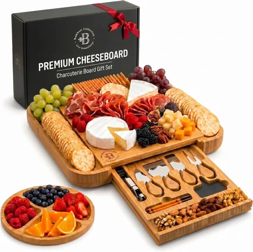 Bambüsi Tablas de charcutería – Juego de tablas grandes de bambú para charcutería con cuchillos para servir, bandeja de queso, regalos de