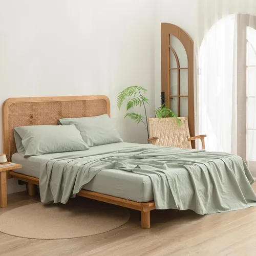 Miniatura 4 de BESTOUCH Juego de sábanas 100% algodón lavado con tacto de lino, súper suave, cómodo, elegante, ligero, juego de ropa de cama sólido de 4 piezas