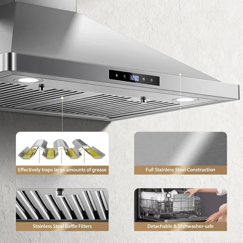 Miniatura 2 de Campana de cocina de montaje en pared de 30 pulgadas, campana extractora con/sin conductos con función de apagado retardado, 700 CFM, ventilador