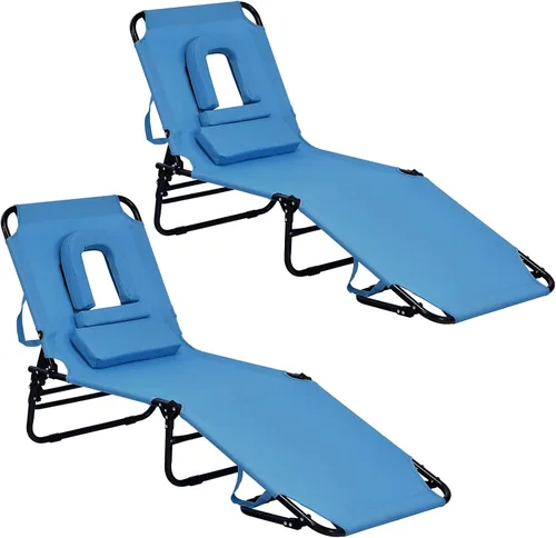 Miniatura 14 de GYMAX Sillón de playa, silla para tomar el sol, silla plegable ajustable reclinable con agujero para cara (1, arena)
