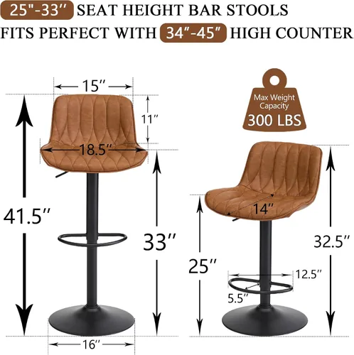 Miniatura 2 de FIRAVOE Juego de 3 taburetes de bar giratorios, taburetes de bar de altura de mostrador marrón con respaldo, taburete de bar ajustable de 25 a 33