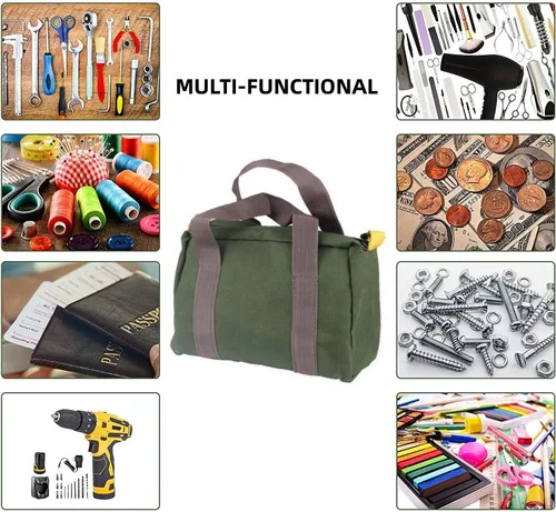 Miniatura 6 de Bolsa de herramientas de lona de boca ancha de 14 pulgadas, bolsas de almacenamiento de herramientas de gran capacidad para hombres, bolsa de Verde