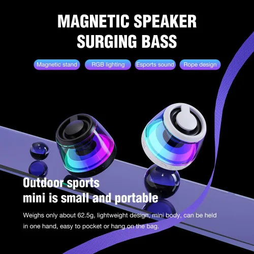 Miniatura 7 de Altavoz Bluetooth magnético, altavoz Bluetooth de inducción inalámbrico, mini soporte portátil para teléfono celular para iPhone, cordón y luz