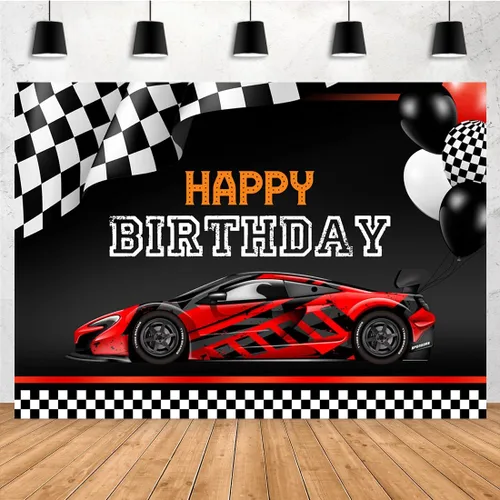 Telón de fondo de feliz cumpleaños para fotografía de auto de carreras de 7 x 5 pies, color rojo fresco, fondo de fotos de auto, banderas, fondos,