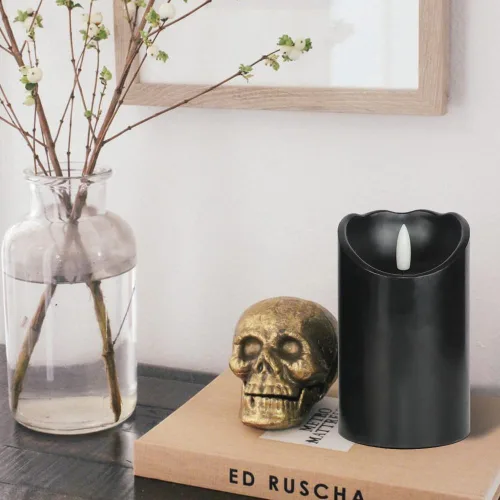 Miniatura 5 de Velas de pilar sin llama negras con temporizador de 6H, alimentadas por batería AAA, mecha y cera reales, velas LED parpadeantes con tema