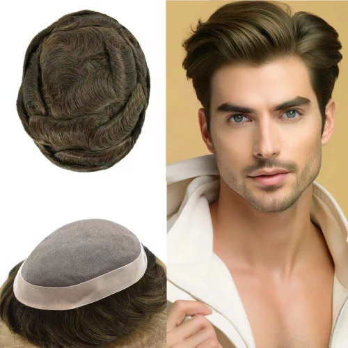 Miniatura 40 de Tupé para hombre, pieza de cabello humano real, monofilamento, tupé para hombres, postizos, unidades de sistema de reemplazo de cabello, gris