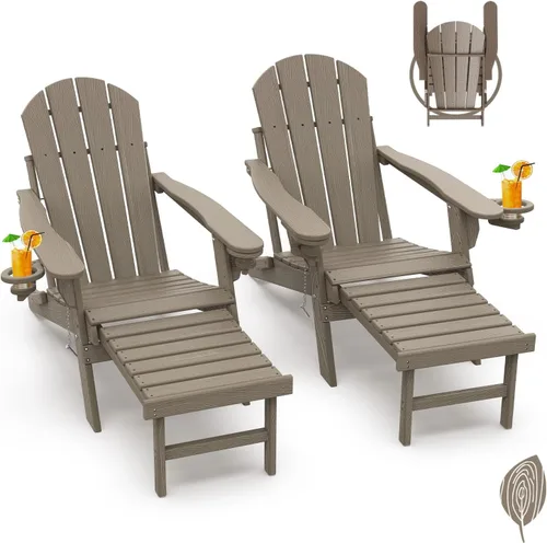 GREENVINES Sillas Adirondack con Otomano | Juego de 2 | Grano de Madera | Plegable | Reposapiés Retráctil | Plástico HDPE | Silla para Hoguera Todo
