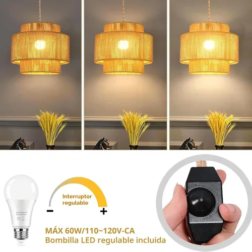 Miniatura 2 de QIYIZM Lámpara colgante enchufable con cable de enchufe, lámpara colgante bohemia regulable, pantalla de bambú tejida de mimbre de ratán, lámpara