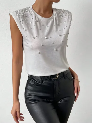 Miniatura 3 de SOLY HUX Camiseta sin mangas con cuentas de perlas para mujer, cuello redondo, camisetas de verano