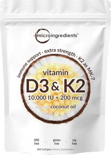 Miniatura 2 de Micro Ingredients Vitamina D3 10,000iu + K2 200mcg de aceite de coco cápsulas blandas y proteína de colágeno múltiple en polvo, paquete de 2