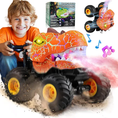 Miniatura 8 de BEZGAR Juguetes de Camiones Monstruo - Camión Monstruo de Control Remoto con Aspersión, Luz, Música, Juguetes de Dinosaurios para Niños, Camión RC a