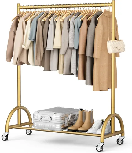 MISSLO Perchero de ropa resistente con ruedas para colgar ropa, abrigos, ropa, vestidos, dorado
