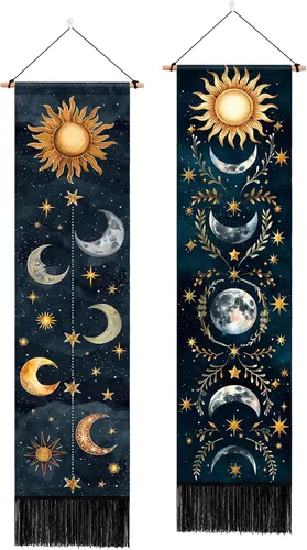 Miniatura 8 de ARTCREATOR Paquete de 2 tapices de sol y luna para colgar en la pared, tapiz estético vertical, arte misterioso, tapices largos para habitación