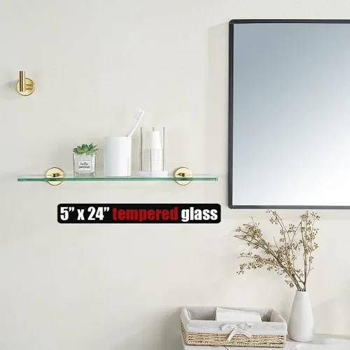 Miniatura 2 de JQK Estante de baño de vidrio dorado, almacenamiento de ducha de vidrio templado 24 por 5 pulgadas, acero inoxidable 304 dorado cepillado