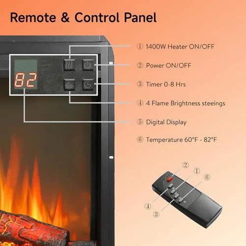 Miniatura 6 de Inserto de chimenea eléctrica de 23", calentador de chimenea con control remoto, 4 niveles de brillo de llama ajustables, juego de troncos, bajo