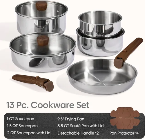 Miniatura 2 de CAROTE Juego de 13 utensilios de cocina de acero inoxidable de tres capas con mango desmontable, juego de ollas y sartenes, juegos de cocina