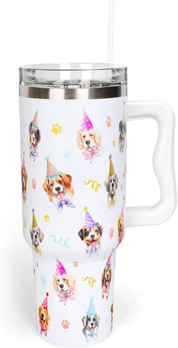 Miniatura 28 de Whaline Vaso patriótico del 4 de julio de 40 oz con asa, pajita y tapa, estrellas y rayas en rojo, azul y bandera de EE. UU., vaso de viaje del día