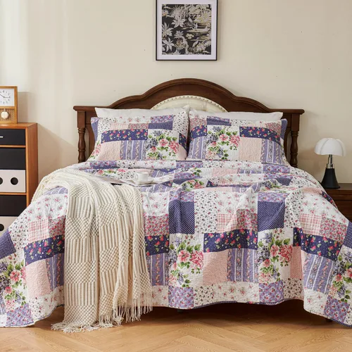 Miniatura 3 de EVENHUG Juego de edredón de retazos de 100% algodón, tamaño King, ligero, floral, juego de ropa de cama, colcha reversible con fundas de almohada