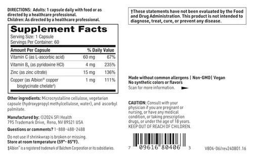 Miniatura 5 de Klaire Labs SFI Health Zinc Plus Suplemento de apoyo inmunológico, citrato de zinc con cobre, vitamina B6 y vitamina C, hipoalergénico (60 cápsulas)