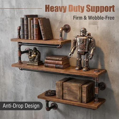 Miniatura 6 de Estantería de tubo industrial Pipe, madera moderna rústica, 3 estantes de pared de tubos escalonados, tubo de hierro forjado, estantería de diseño