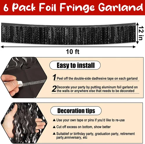 Miniatura 2 de Paquete de 6 guirnaldas de flecos de papel de aluminio de 10 pies de color negro ondulado metálico con serpentinas de oropel para colgar
