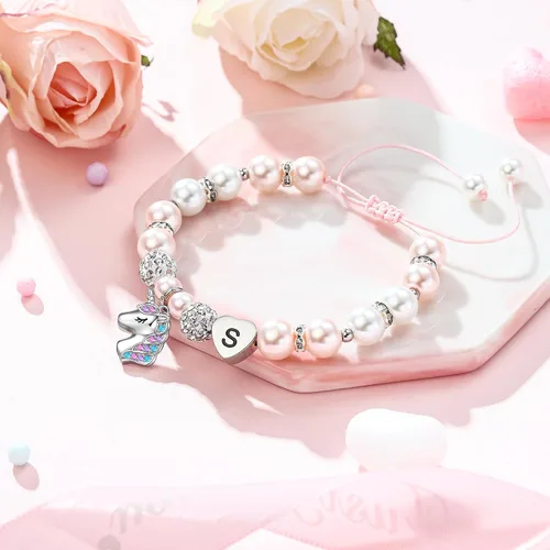 Miniatura 6 de Hidepoo Pulsera de unicornio - Pulsera de perlas rosas y bolas de diamantes de imitación con inicial de corazón, pulseras de unicornio, joyería