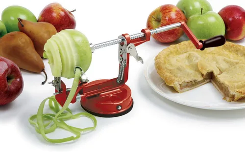Norpro Apple Master-Apple, papa, parer, rebanador y descorazonador con base al vacío y abrazadera, rojo 865R Rojo